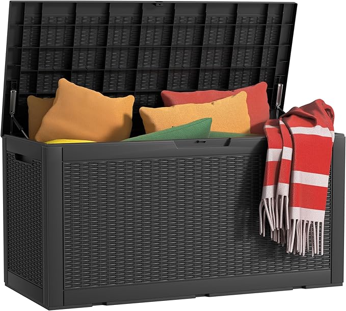 100 Gallon Waterproof Outdoor Storage Box,Resin Deck Box,Lockable Outside Storage Box Container for Patio Furniure,Garden,Tools (100 Gallon,Black)