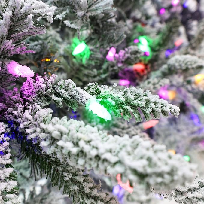 Fraser Hill Farm 7.5-Ft Slim Mountain Pine Flocked Artificial Christmas Tree with Dual Multicolor & White LED Lights & Stand, Prelit Skinny Fake Tree with Realistic Snowy Foliage, Home Holiday Décor