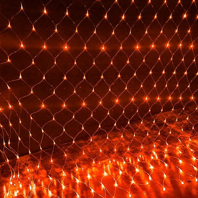 Dazzle Bright Halloween 200 LED Net Lights, 9.8 FT x 6.6 FT Connectable Mesh Lights Clear Wire with 8 Lighting Modes, Halloween Decorations for Indoor Outdoor Bush Yard Garden Decor (Orange)