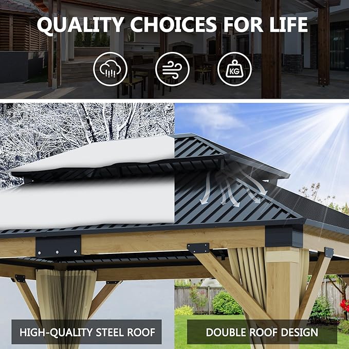 11x13FT Wood Gazebo, Outdoor Wooden Gazebo with Galvanized Steel Double Roof, Hardtop Gazebos for Garden, Patio, Deck, Backyard (w/Beige Curtain &Netting)