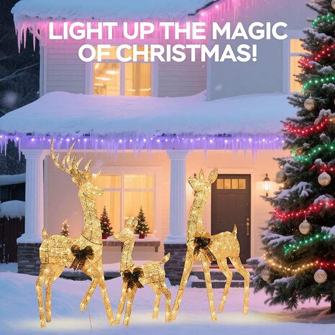 Outdoor Reindeer Family Christmas Decor, 3-Piece Large Golden Deers (Buck/Doe/Fawn) Holiday Xmas Lawn Decorations, with 300 Warm White LED Lights, Prefect for Yard, Garden