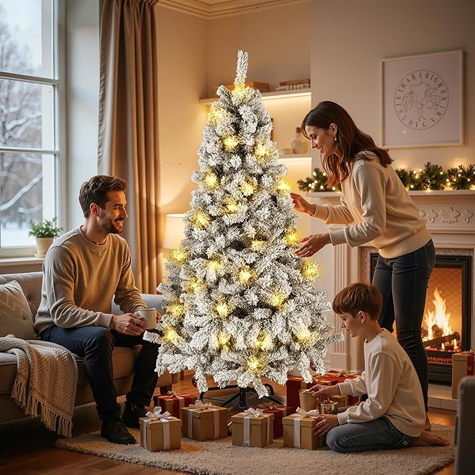 Northroad 5ft Pre-lit Flocked Christmas Tree with Incandescent Warm White Lights, Artificial Xmas Tree W/500 Branch Tips, 200 Lights & Foldable Stand