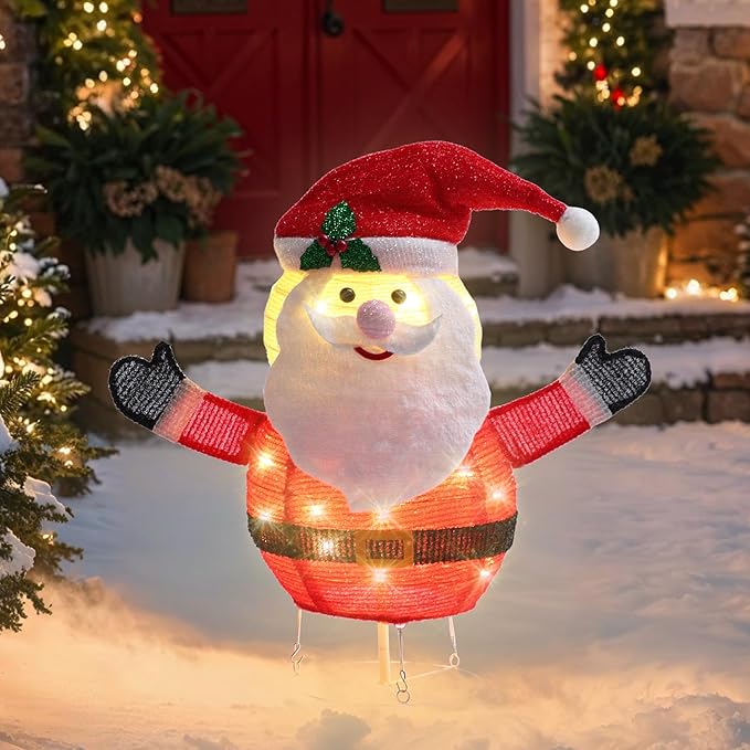 GENIMO Santa Claus Outdoor Christmas Decorations, 30 Lights Pop-up Lighted Warm White Light Pre-Lit Santa for Holiday Decor Outside Indoor Home Lawn Yard Garden Patio Stakes(24 in)