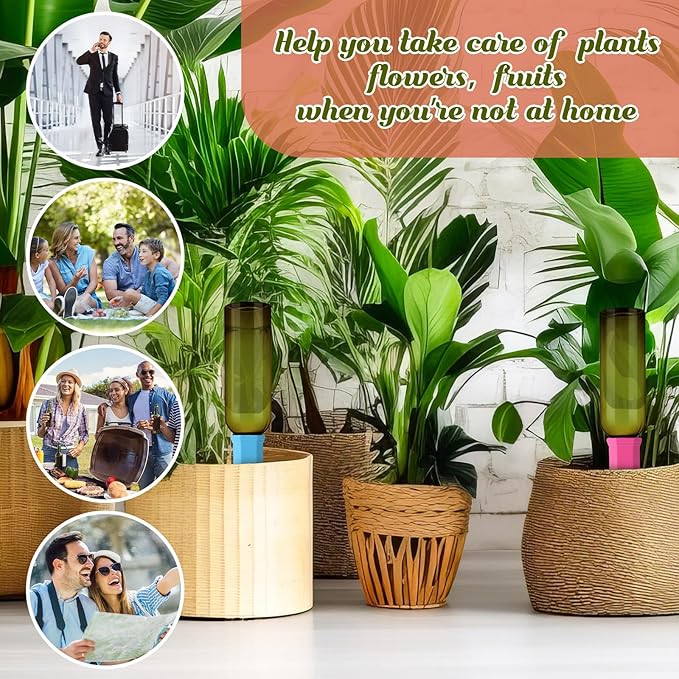 6 Sets Plant Watering Devices Include 6 Terracotta Self Watering Spikes and 6 Pcs 26 oz Plastic Bottles, Slow Release Vacation Insert Automatic Plant Waterer Device (Mixed Colors)