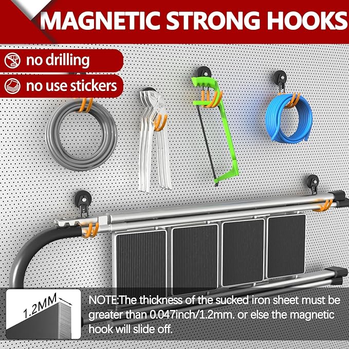 3-H Heavy Duty Magnet Garage Hooks 4 Pack, J Shape Strong Magnetic Hooks for Hanging Cordless Power Drill, Utility Magnetic Tool Holder for Metal Cabinet, Steel Pegboard, Toolbox, Garage(Orange)