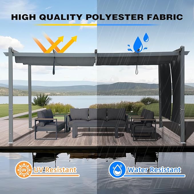 BPS 12x16 FT Outdoor Pergola - Retractable Shade Canopy with Aluminum Frame & Roller Shade Curtains for Patio, Backyard, or Deck, Gray