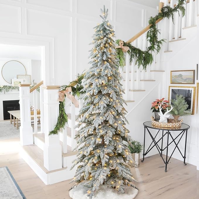 Glitzhome 9ft Prelit Christmas Tree, Artificial Christmas Tree with 470 Warm White Lights, Flocked Pencil Christmas Tree Chicago Frostwood Spruce w/1581 PE&PVC Branch Tips and Sturdy Metal Stand