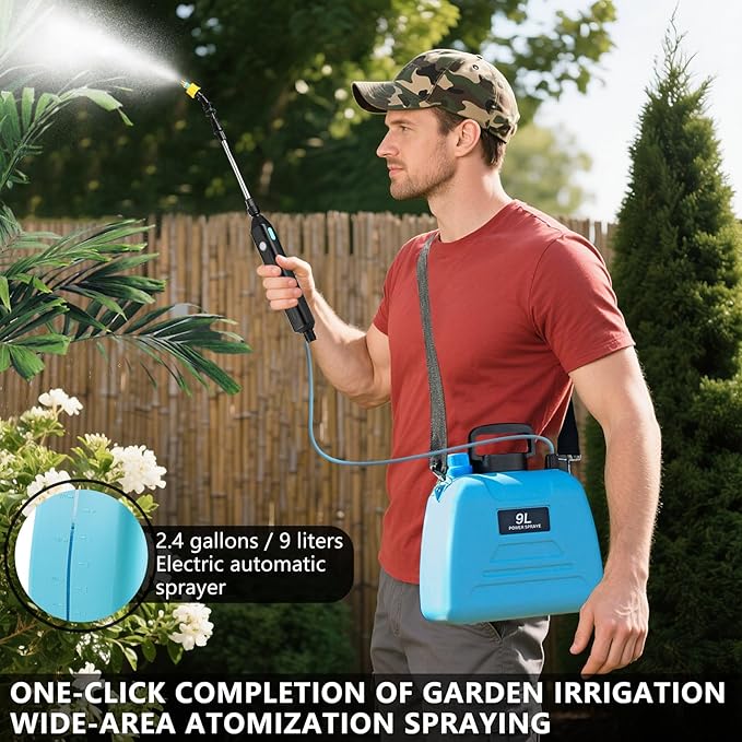 2.4 Gallon Battery Powered Sprayer, Electric Battery Operated Sprayer, Weed Power Sprayers in Lawn and Garden with Adjustable Shoulder Strap and Rechargeable Handle, 3 Mist Nozzles (Blue)