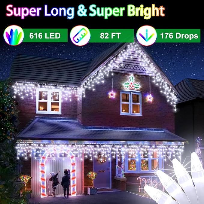 82FT LED Christmas Lights Outdoor with 176 Drops, Christmas Decorations Hanging Lights 616 LED 8 Modes, Outsite Fairy String Lights for Wedding Party Holiday Winter Wonderland Decorations Cool White