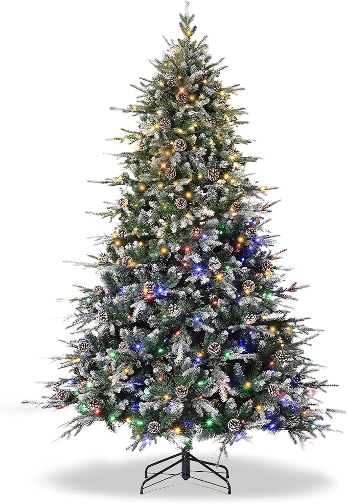 6 FT Snow Flocked Christmas Tree with 300 Warm Lights-8 Modes, Prelit Christmas Trees with Pine Cone & Gloves, Metal Folding Stand, Full Artificial Xmars Tree for Home Decor, Norway Spruce, Green