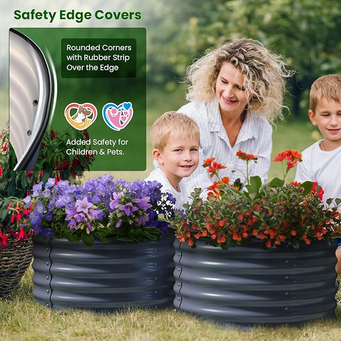 Olle 2 Pack 17" Tall Durable Round Raised Garden Bed Raised Beds for Gardening, Vegetable Planter Boxes Outdoor Raised Garden Boxes for Herbs, Veggies, Flowers, Mid-Grey 24" X 17"