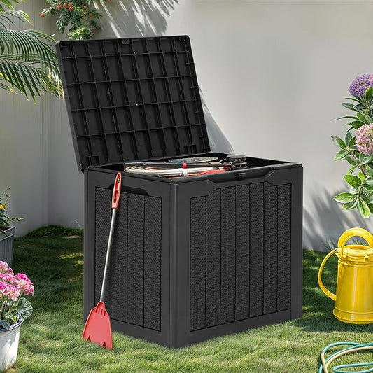 YITAHOME 30 Gallon Resin Deck Box, Weather Resistant Outdoor Rattan Storage Box, Lockable Indoor Outdoor Storage for Supplies and Essentials, Black