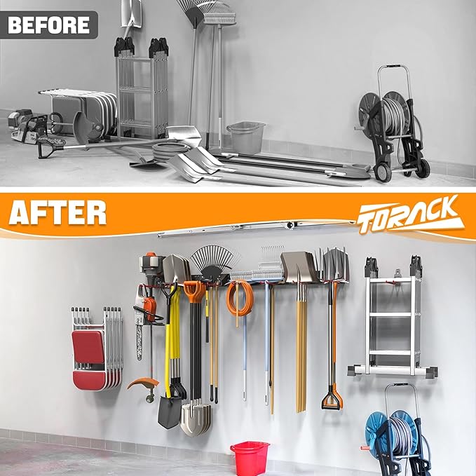 TORACK Garden Tool Organizer Wall Mounted, Garage Folding Chair Storage Rack, Tools Rack for Shovels, Rakes, Broom, Ladders, Hooks for Keyhole Style Shelving Unit(13 pcs)