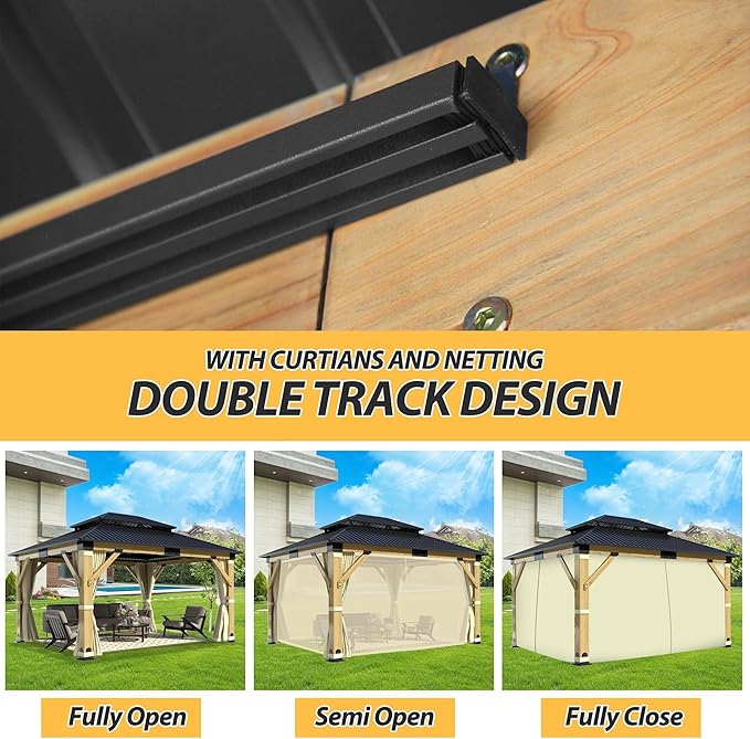 13'x15' Wood Gazebo, Outdoor Solid Wooden Gazebo with Double Roof Galvanized Steel Top, Hardtop Cedar Frame with Curtain & Netting for Garden, Patio, Deck, Backyard
