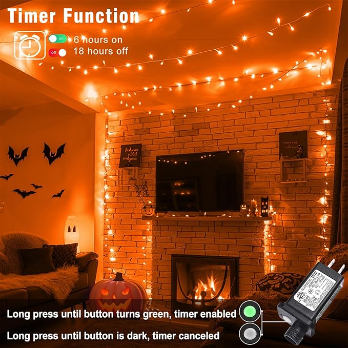 66FT 200 LED Outdoor String Lights, Orange Halloween Lights Waterproof 8 Modes Timer, Connectable Clear Wire Fairy Twinkle Light for Indoor House Bedroom Tree Yard Party Holiday Decorations