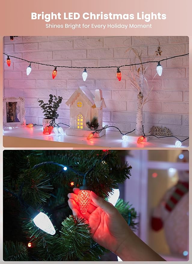 C9 LED Christmas Lights Outdoor, 81 Feet 100 LED String With Timer & 8 Light Mode, Waterproof Commercial Grade Christmas Tree for Outside Indoor Roofline Patio, Red & Pure White 2 Pack