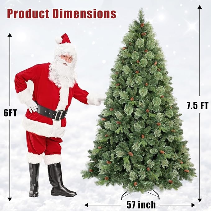 Kadunmina 7.5ft Artificial Christmas Tree Carolina Pine Tree, Unlit Hinged Premium Xmas Trees with 1645 Branch Tips, Pine Cones, Foldable Metal Stand for Home, Office, Holiday Party Decoration