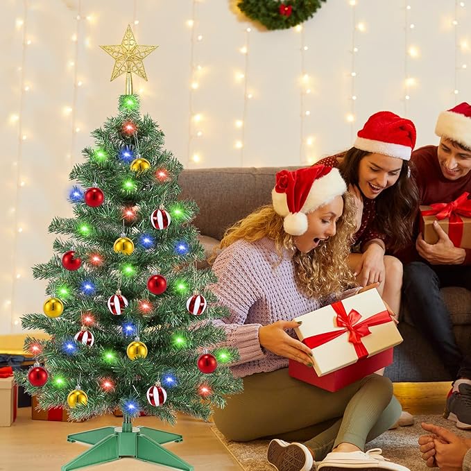 [ Timer & 12 Modes ] 3 Ft Christmas Tree with 50 Warm White & Multi Color Lights 15 Ball Ornaments 3D Star Remote Control Battery Operated Small Christmas Tree Xmas Christmas Decorations (Green PVC)