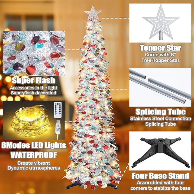 HMASYO 6 FT Pop Up Christmas Tree with 100 LED Lights & Remote, Silver Christmas Tinsel Tree, Collapsible Artificial Pencil Tree for Home Office Party Decor, USB Powered Timer Lights, Easy Assembly