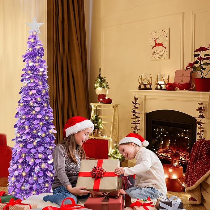 HMASYO 5 FT Pop Up Christmas Tree with Timer Lights, Purple Christmas Tinsel Tree, Collapsible Artificial Pencil Christmas Tree for Indoor Home Apartment Porch Holiday Party Decorations