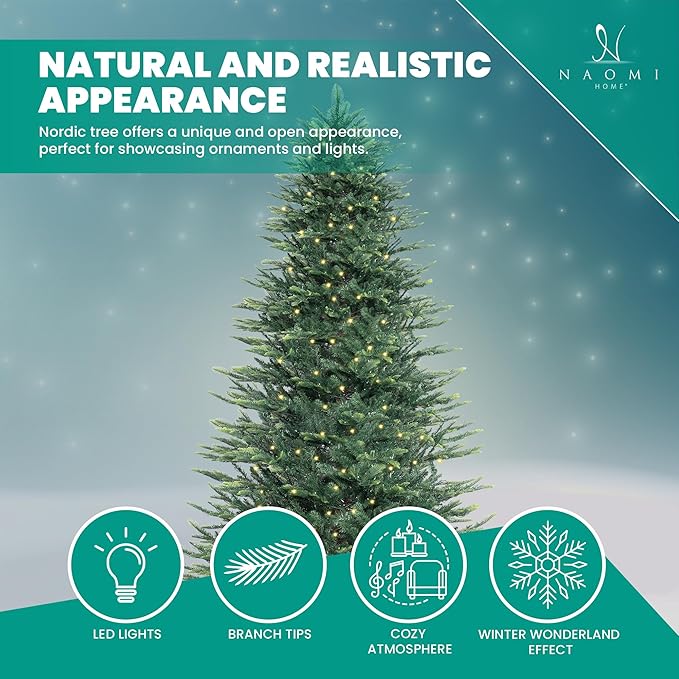 Naomi Home Lujan 7.5ft Prelit Aritificial Christmas Tree with 1266 Branch Tips, 700 Warm Lights and Metal Stand, 55" Wide Realistic Nordic Christmas Tree with Lights