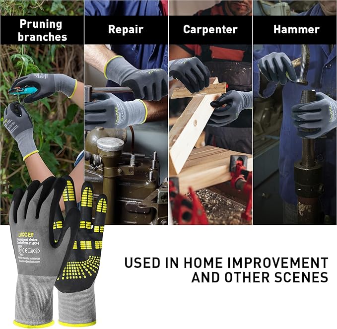 LOCCEF Safety Work Gloves MicroFoam Nitrile Coated-6 Pairs,Endurance Seamless Knit Nylon,Dots on palm,Tacky Dot Grip Gloves