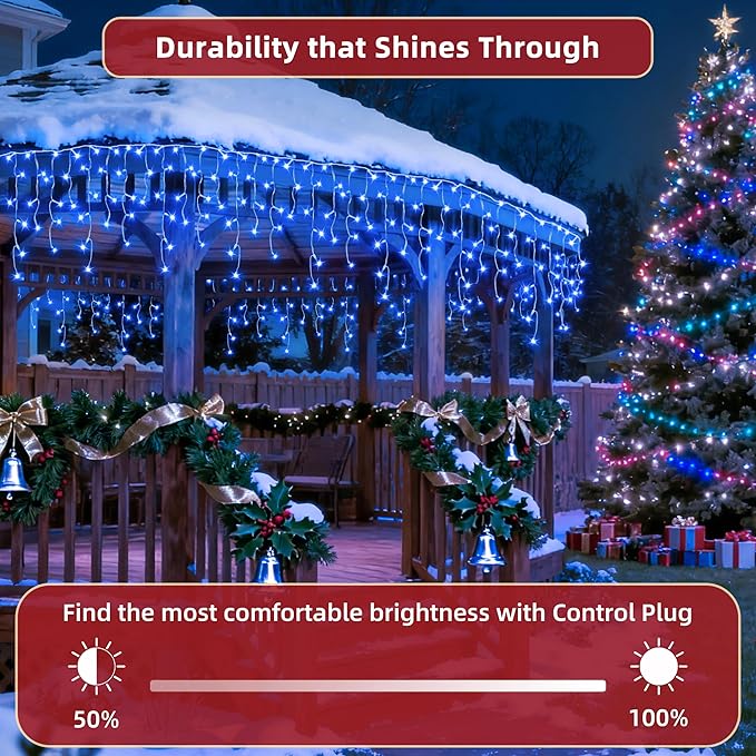 504 LED Christmas Lights Outdoor 50FT with 112 Drops, Christmas Decorations Hanging Lights 12 Modes, Dimmable Outsite Fairy String Lights for Wedding Party Holiday Winter Wonderland Decor Blue