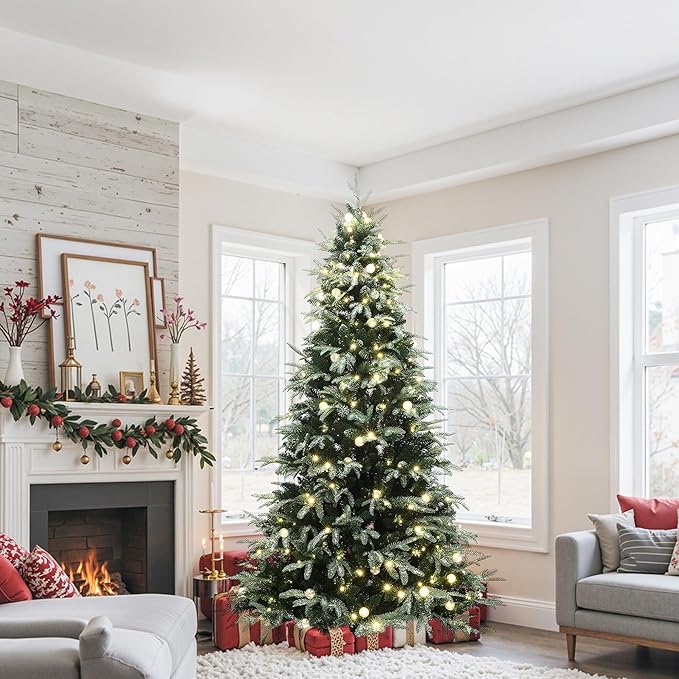 LuxenHome 6.5FT Prelit Christmas Tree with Lights, Green Flocked Artificial Christmas Tree with 350 LED Globe Lights, 1473 PE+PVC Branch Tips, Plug-in Prelit Pine Tree Indoor, Outdoor Holiday Décor