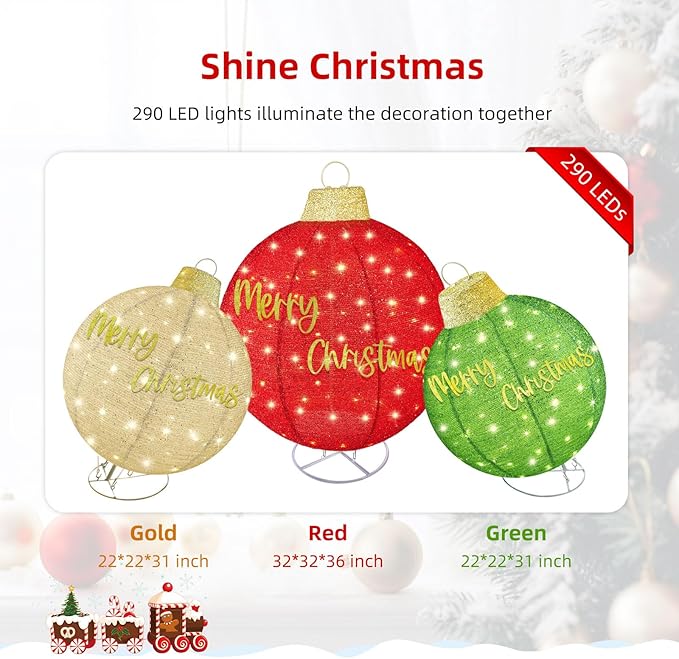 HOYECHI 3pc Lighted Pop-Up Outdoor Christmas Ornament Set – Holiday Ball Decorations with 290 LED Lights, 8 Lighting Modes, for Yard & Outdoor Christmas Decor - Red/Green/Gold