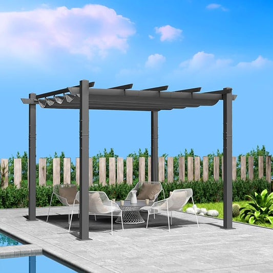 Kozyard Morgan Outdoor Retractable Pergola with Sun Shade Canopy Patio Aluminum Pergola Shelter for Backyard Deck Garden Modern Metal Grill Gazebo (10' x 10', Gray)