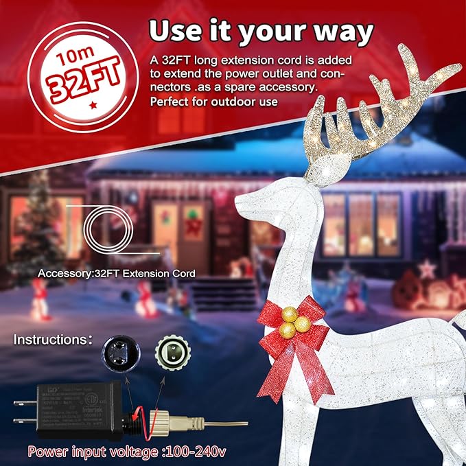 Lighted Christmas Decoration Deer 3 Piece, Light up Christmas Decor Reindeer Family Set for Indoor Outdoor Front Yard Porch with LED Lights, Plug, Ground Stakes - White