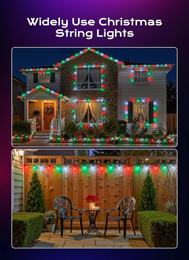 C9 Christmas Lights Outdoor, 66 FT 100 LED Connectable C9 String Lights with 8 Modes and Timer Xmas Tree Patio Roofline Garden Yard Holiday Party Indoor Outdoor Decoration, Red, Green and White