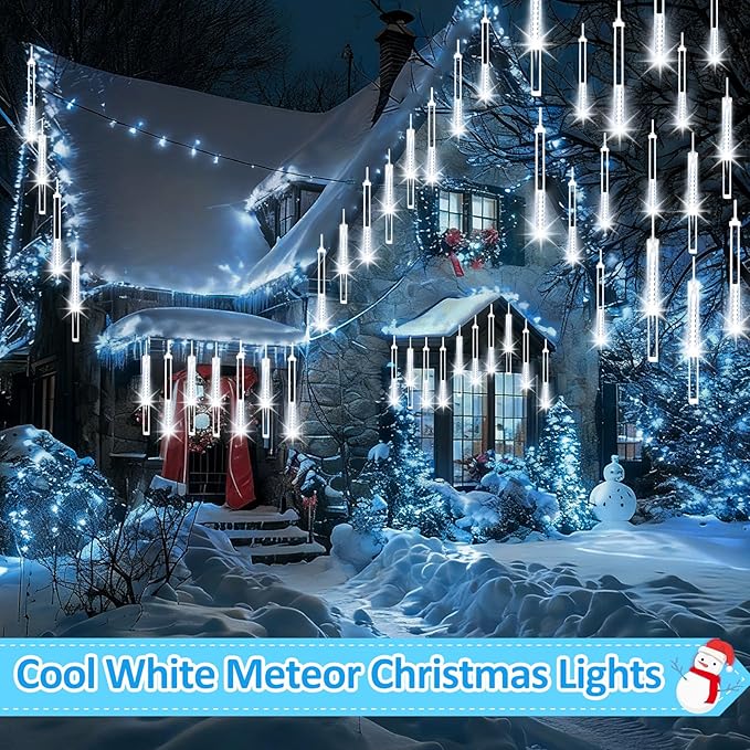 2-Pack Christmas Lights Outdoor, 16Tubes 384LEDs Extendable Meteor Shower Lights, Falling Rain Light Waterproof Plug in Tree Light for Christmas Backyard Garden Patio Xmas Decoration (Cool White)