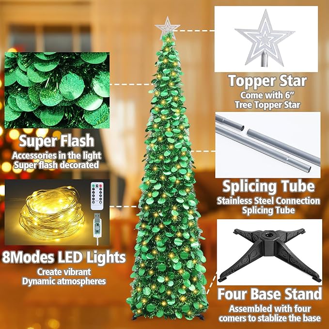 HMASYO 6 FT Pop Up Christmas Tree with 100 LED Lights & Remote, Green Christmas Tinsel Tree, Collapsible Artificial Pencil Tree for Home Office Party Decor, USB Powered Timer Lights, Easy Assembly