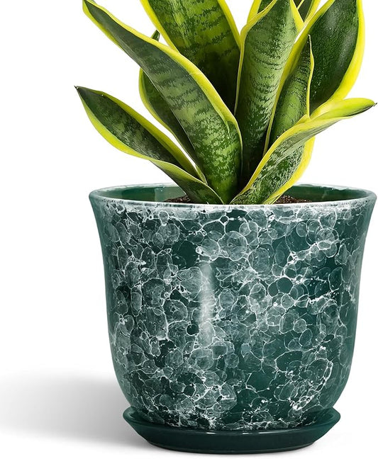 8 Inch Plant Pot - Ceramic Planter with Drainage Hole and Saucer, Round Planter for Indoor Outdoor, Modern Planters, Decorative Flower Pots, Office Room Home Decor, Plant Lover Gifts, Green