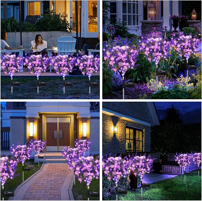 Kohlrabi Solar Garden Lights Outdoor, 4 Pack Purple Lavender Solar Butterfly Lights Gardening Gifts for Women, Purple Artificial Flower with Butterfly Garden Decor for Lawn Patio