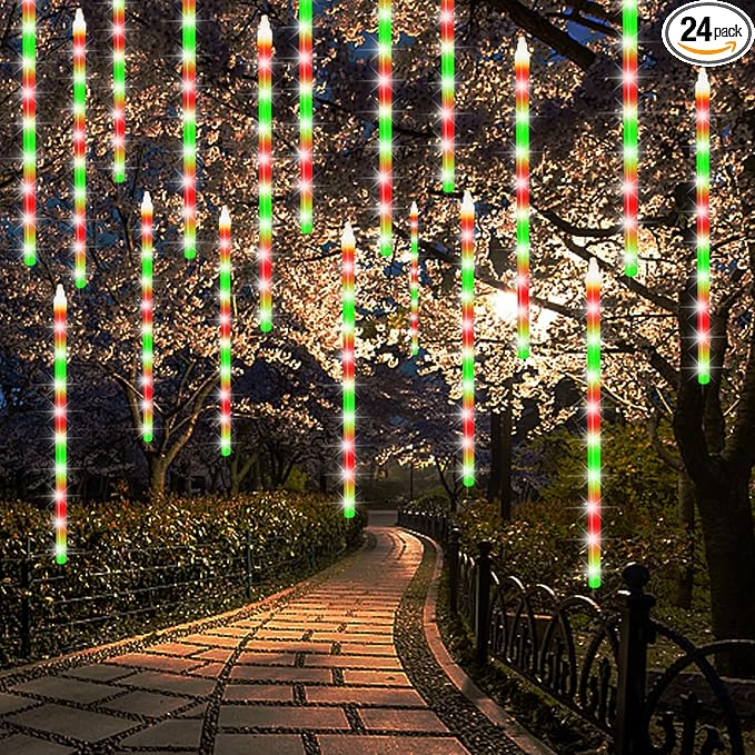 24 Tubes Meteor Shower Lights, Outdoor Icicles Christmas Decor, 12 Inch 864 LED Snow Falling Iciclelights, Connectable Raindrop, Xmas Wedding Party Tree Holiday, Red & Green