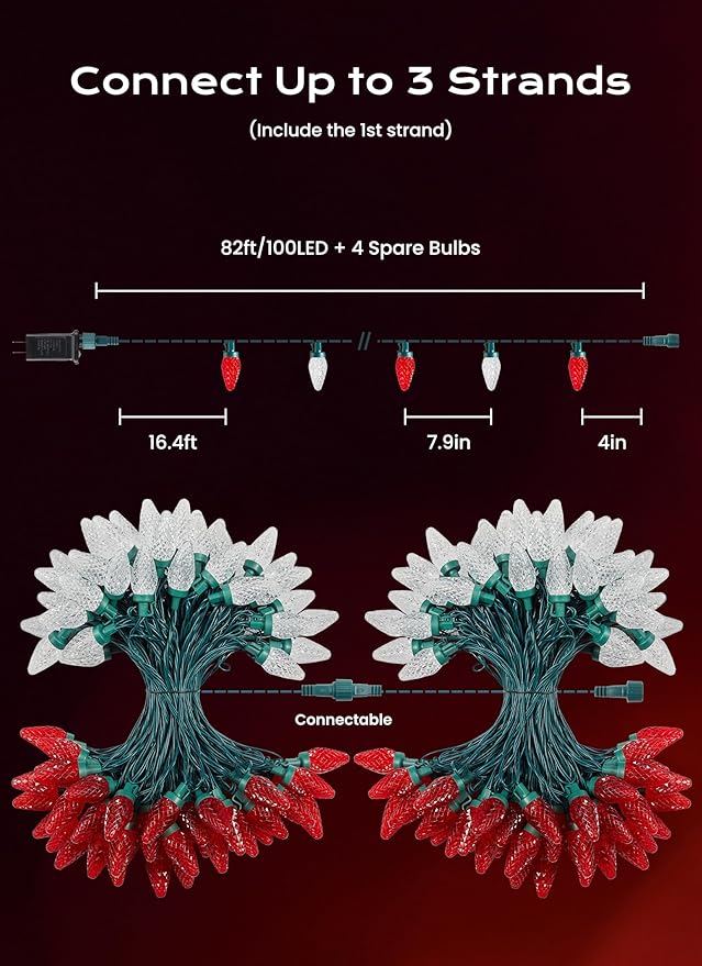 C9 Christmas Lights Outdoor, 66 FT 100 LED Connectable C9 String Lights with 8 Modes and Timer Xmas Tree Patio Roofline Garden Yard Holiday Party Indoor Outdoor Decoration, Red and Warm White