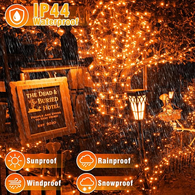 66FT 200 LED Outdoor String Lights, Orange Halloween Lights Waterproof 8 Modes Timer, Connectable Clear Wire Fairy Twinkle Light for Indoor House Bedroom Tree Yard Party Holiday Decorations