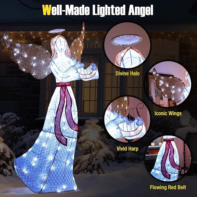 Tangkula 5 FT Outdoor Christmas Lighted Angel, Xmas Yard Pre-Lit Angel with Harp, Halo & 120 Cold White LED Lights, Ground Stakes & Zip Ties Included, Winged Holiday Figure for Indoor & Outdoor