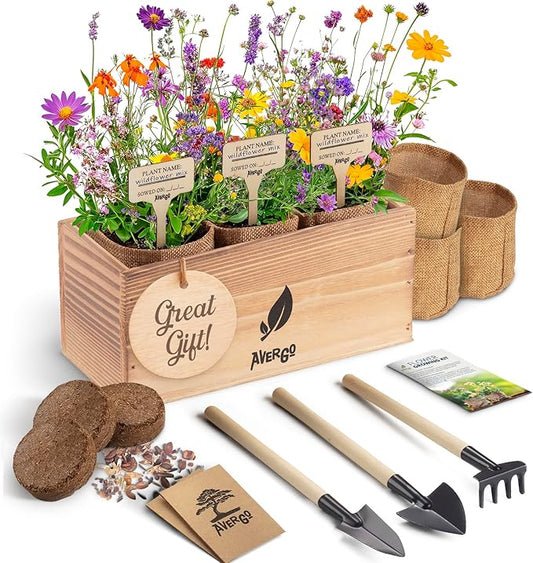 AVERGO Wildflower Seed Mix Growing Kit - Includes Perennial & Annual Wild Flowers, Burlap Planters, Soil, Wooden Box, and Gardening Tools for Indoor Garden and Patio Planting