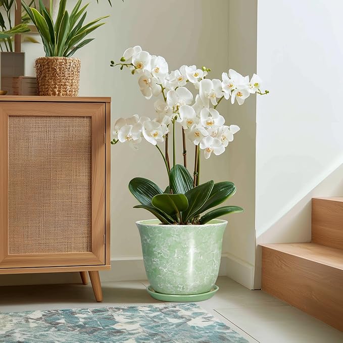 12 Inch Pots for Plants - Ceramic Plant Pots with Drainage Hole and Saucer, Large Round Planter for Indoor Outdoor, Modern Flower Pot, Decorative Planters, Garden Decor, Garden Gifts, Green