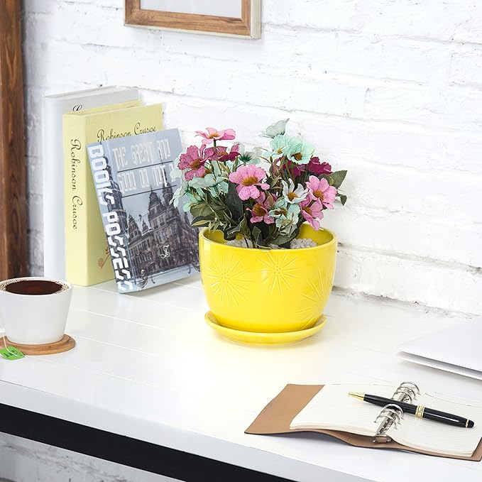 MyGift 7 Inch Round Yellow Ceramic Plant Pot with Drainage Hole and Attached Saucer, Modern Decorative Embossed Sunburst Planter Container for Indoor Home Garden