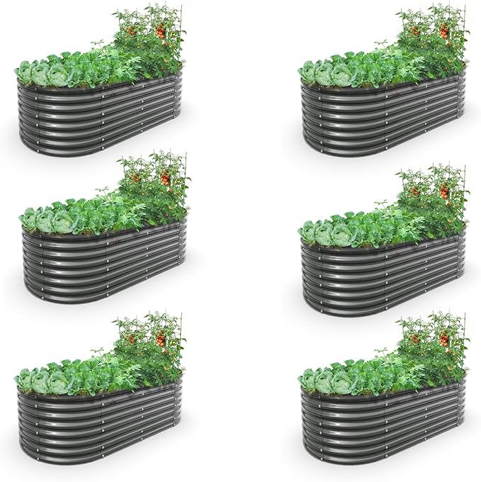 A ANLEOLIFE 6X3X2 ft Galvanized Raised Garden Beds Outdoor-6 Pack, Oval Large Metal Deep Root Planter Box for Planting Vegetables Flowers Herb, Anti-Rust & Easy-Setup, Quartz Grey
