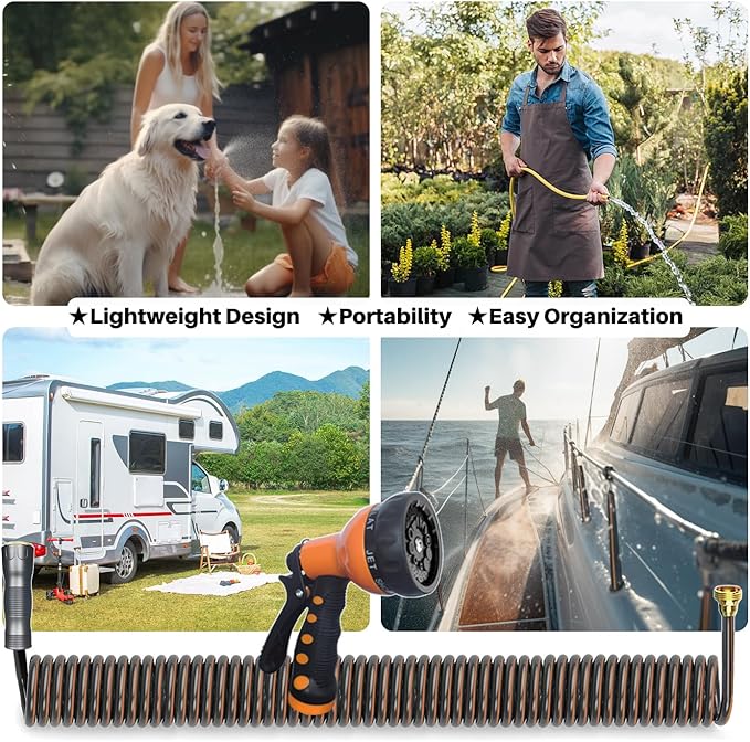 Coil Garden Hose 50 ft,3/8’’ Retractable EVA Coil Hose,Lightweight Recoil Garden Hose with Spray Nozzle, Spiral Water Hose for Boats, RV, House Cleaning, Yard, Gray Orange