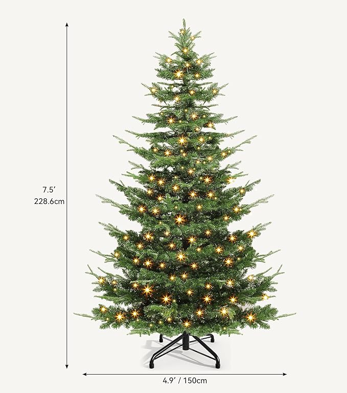 DWVO 7.5ft Aspen Fir Artificial Christmas Tree, Layered Christmas Tree with Crystal Embellishments, 1319 Mixed PE & PVC Branch Tips, 700 Lights, in a Vibrant Green