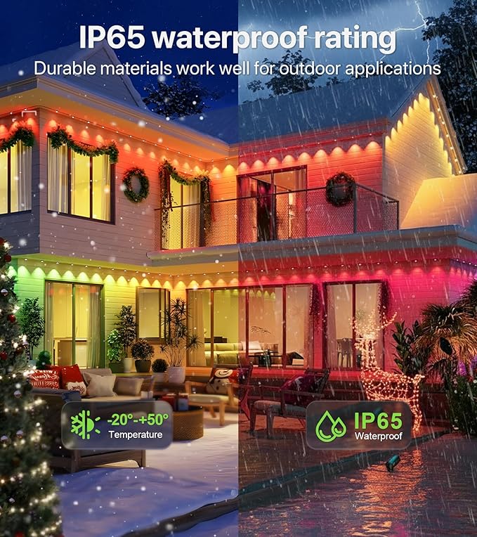 Permanent Outdoor Lights-200FT RGB+IC LED House Eave Light with Smart APP & Remote Control,120 LED Lights,72 Scene Modes, IP65 Waterproof String Lights for Christmas,Yard Decorations