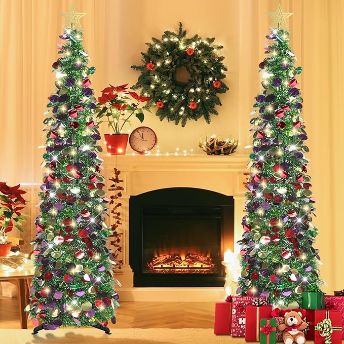 HMASYO 5 FT Pop Up Christmas Tree with Timer Lights, Green Christmas Tinsel Tree, Collapsible Artificial Pencil Christmas Tree for Indoor Home Apartment Porch Holiday Party Decorations