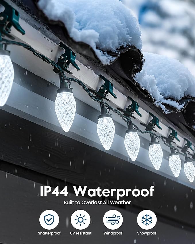 C9 LED Christmas Lights Outdoor with 100 Spring Clips, 81FT 100 LED C9 String Lights Waterproof Connectable Commercial Grade for Outside Roofline Patio House Garden Yard Christmas Decor, White 2 Pack