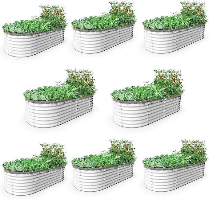 A ANLEOLIFE 6X3X2 ft Galvanized Raised Garden Beds Outdoor-8 Pack, Oval Large Metal Deep Root Planter Box for Planting Vegetables Flowers Herb, Anti-Rust & Easy-Setup, Antique White